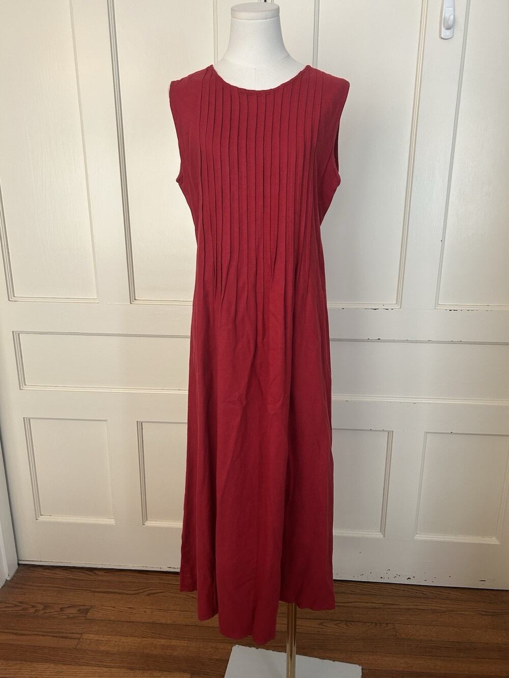 Vintage 90s Talbots Linen Blend Pleated Maxi Dress Womens Size 14 Red Classic